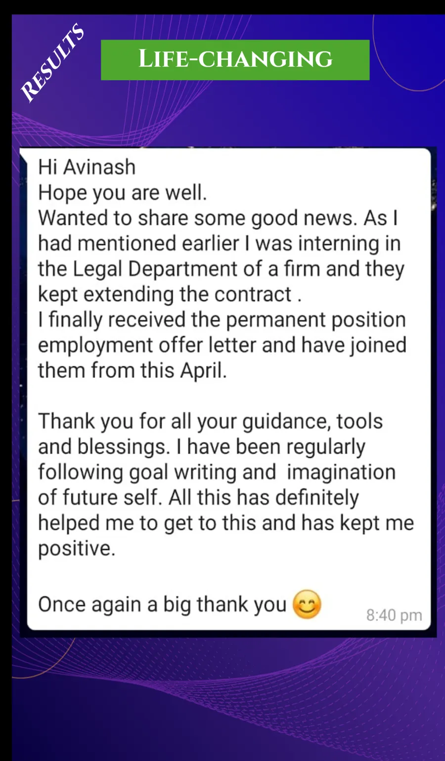 Life-changing testimonial